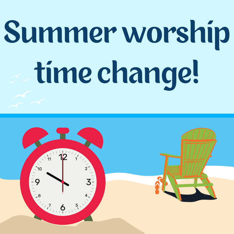 Summer worship time change! A graphic depicts a beach with a clock pointing to 10am and a Muskoka chair in the background.