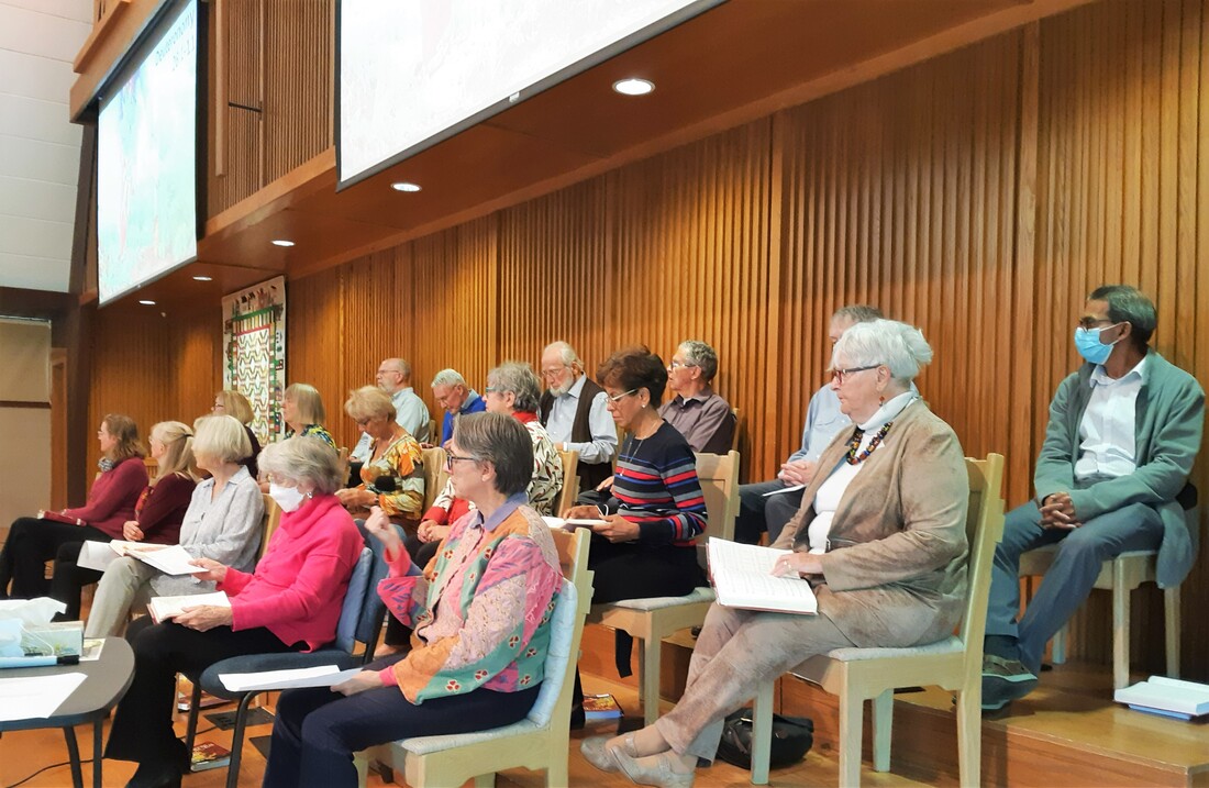 A photograph of 17 of our choir members, taken on a Sunday morning in the Sanctuary.