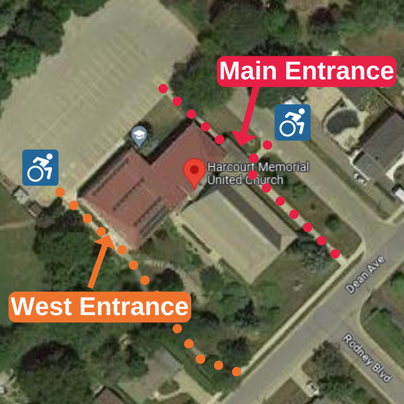 A map depicting the entrances of Harcourt church. The main entrance is accessible by three pathways: one from the street, one that's wheelchair accessible from the driveway, and one that's a path form the parking lot. The West entrance is also wheelchair accessible from the parking lot, or accessible by garden path to Dean avenue.