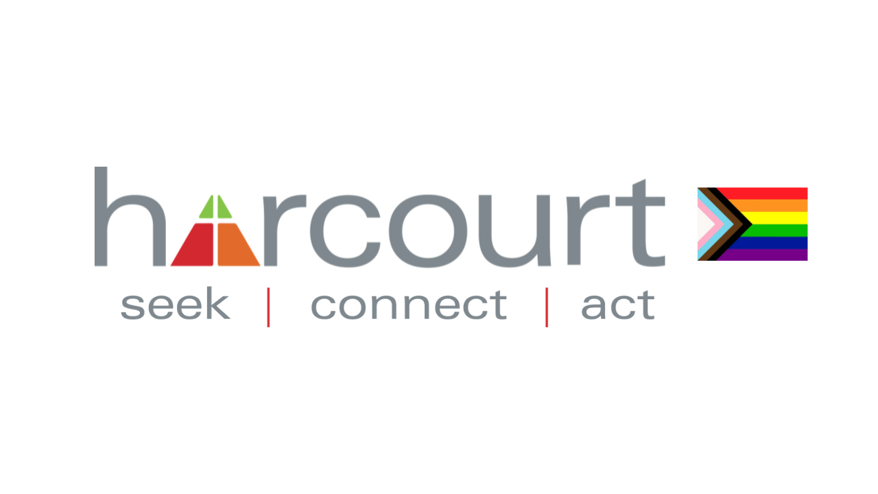 The Harcourt logo with the inclusie Pride flag beside it.