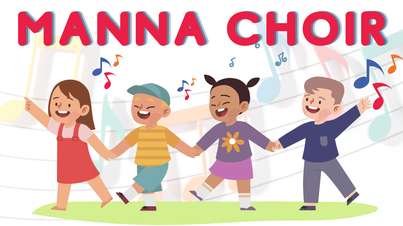 A cute and colourful graphic of children holding hands and singing. Text aboe the children says 